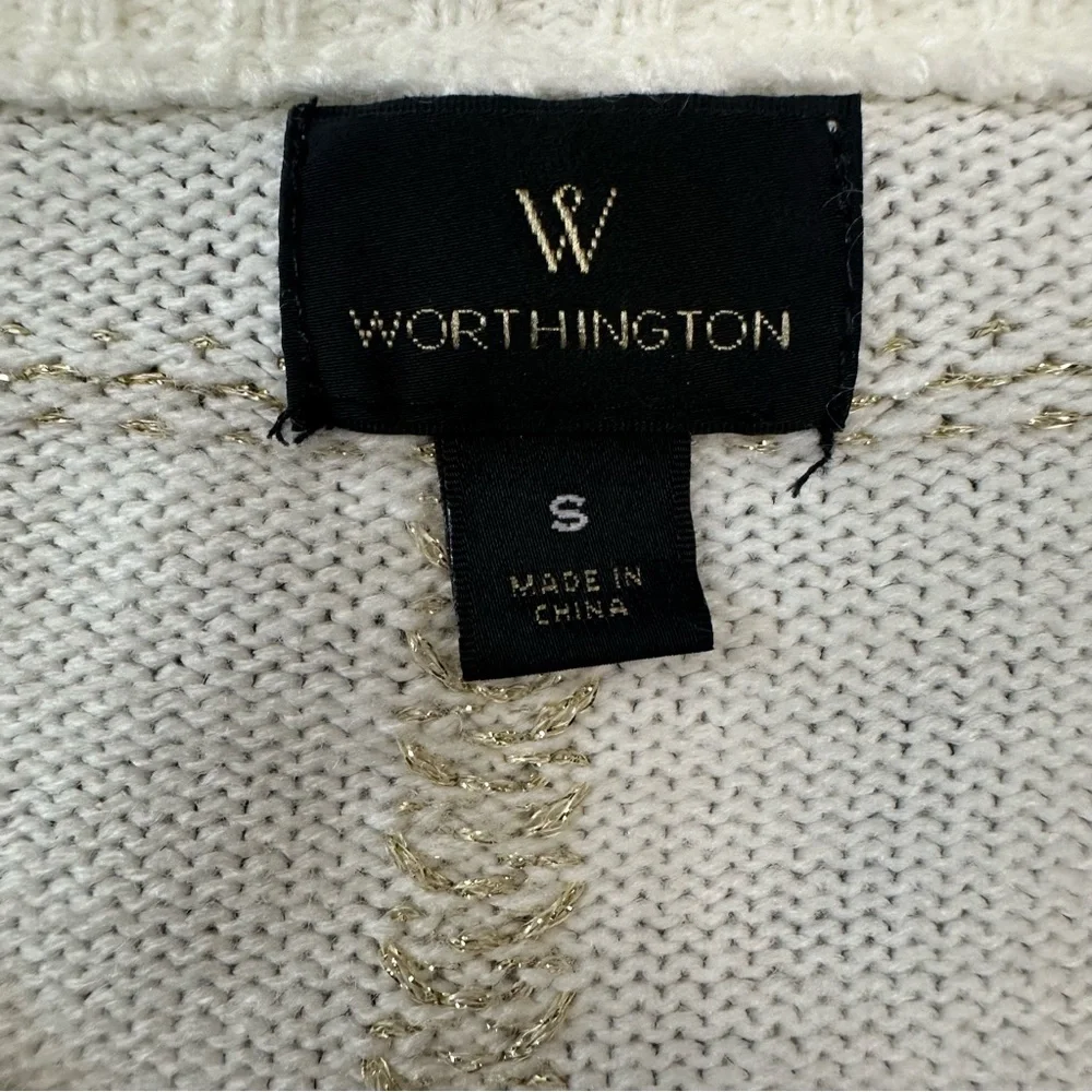 Worthington Women's Sweater Small S Ivory Gold Metallic Plaid V-Neck Shimmer - Picture 7 of 12